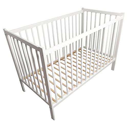 Bello24 - Kinderbett Babybett Bello lite – Ökologisch und aus Massivholz 3 Fach höhenverstellbar mit DREI herausnehmbare Latten 60 x 120 cm (Weiß) von Bello24