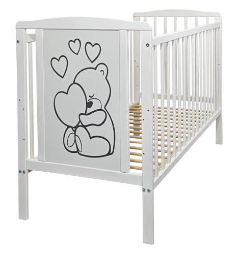 Bello24 - Kinderbett Babybett HAPPY – Ökologisch und aus Massivholz 3 fach höhenverstellbar 60 x 120 cm Weiß von Bello24