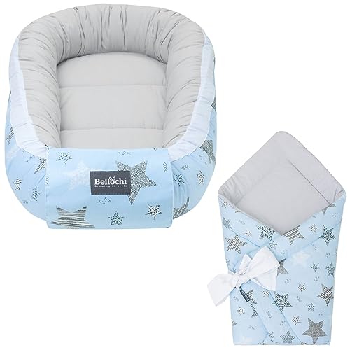 Bellochi Set 2in1 Babynest und Einschlagdecke, Baby Nestchen Set, Babynestchen - Baby Erstausstattung Babynestchen Neugeborene, Baby nestchen Junge - mädchen 100% Baumwolle - Rigel Star von Bellochi growing in style