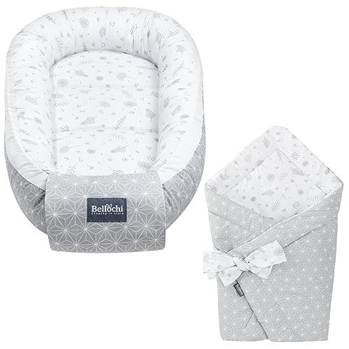 Bellochi Set 2in1 Babynest und Einschlagdecke, Baby Nestchen Set, Babynestchen - Baby Erstausstattung Babynestchen Neugeborene, Baby nestchen Junge - mädchen 100% Baumwolle - Star Copse von Bellochi growing in style