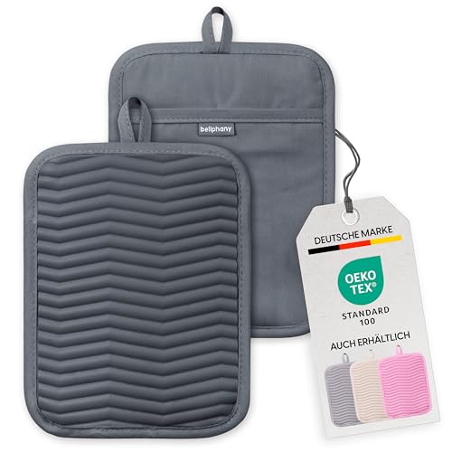 Bellphany 2er Set rutschfeste Silikon Topflappen - Design Topfhalter zum Kochen & Backen, hitzebeständig bis 250°C, Anthrazit von Bellphany