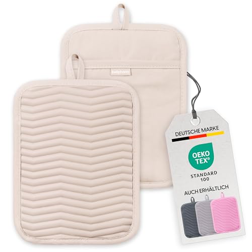 Bellphany 2er Set rutschfeste Silikon Topflappen - Design Topfhalter zum Kochen & Backen, hitzebeständig bis 250°C, Beige von Bellphany