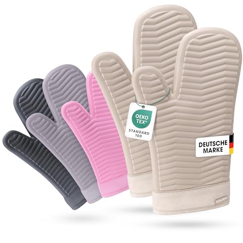 Bellphany Premium Silikon Ofenhandschuhe Paar - Design Topfhandschuhe zum Kochen & Backen, Backofenhandschuhe hitzebeständig bis 250°C, Beige von Bellphany