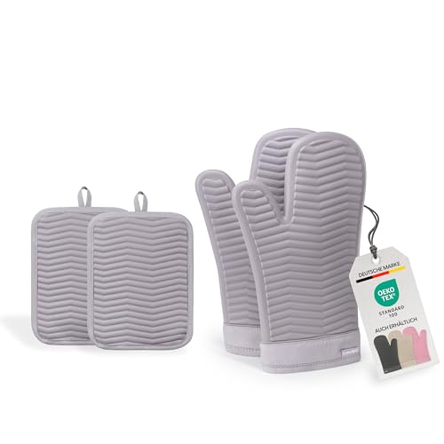 Bellphany Silikon Ofenhandschuhe und Topflappen Set - rutschfeste Design Topfhalter zum Kochen & Backen, hitzebeständig bis 250°C, Grau von Bellphany