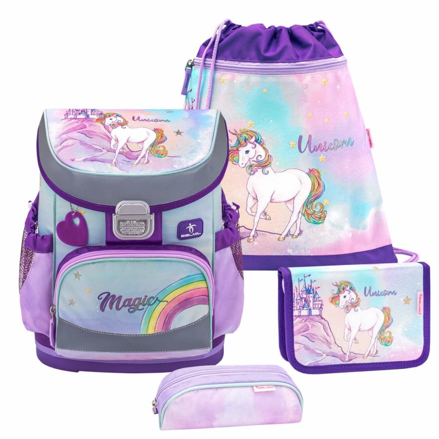 Belmil Schulranzen Set MINI FIT Rainbow Unicorn Magic (Motiv: Einhorn, Regenborgen) für Mädchen von Belmil