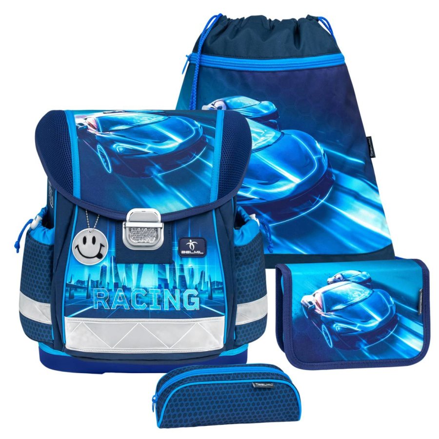 Schulranzen Set CLASSY 4tlg Rennwagen "Racing Neon Blue" für Jungen BELMIL von Belmil