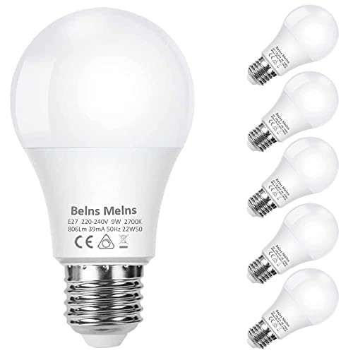 Belns Melns E27 LED Dimmbar Lampe, 9W (ersetzt 60W Glühbirne), E27 Edison-Sockel LED Dimmbare Leuchtmittel - 806LM 2700K Warmweiß, 6 Stück von Belns Melns