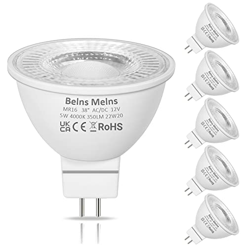 Belns Melns MR16 GU5.3 Dimmbar LED Spot, 5W (ersetzt 50W Halogen), 12V AC/DC LED Leuchtmittel Stiftsockel, 350LM 4000K Neutralweiß 38° Abstrahlwinkel - 6 Stück von Belns Melns