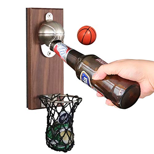 BelonLink Lustig Flaschenöffner Bier, Basketball Bier öffner, Wandmontage Magnet Flaschenöffner mit Kappenfänger, Holz-Flaschenöffner Zuhause Bar Dekoration Sodaöffner Biertrinker Geschenk von BelonLink