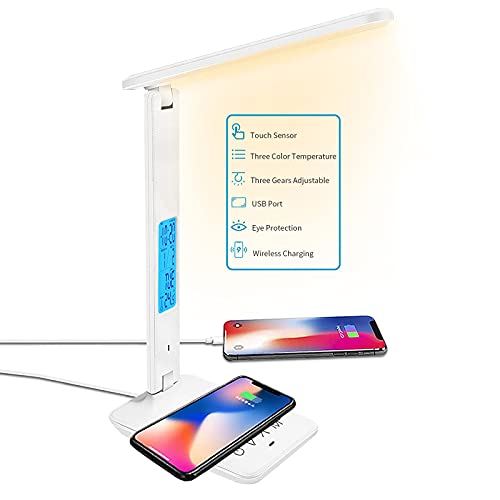 LED Schreibtischlampe, mit kabelloser Aufladung Wireless Charger USB-Anschluss, Touch-Steuerung, Schreibtischlampe Wireless Charger Dimmbar mit 5 Helligkeits 3 Farb, 30/60min Auto Timer von BelonLink