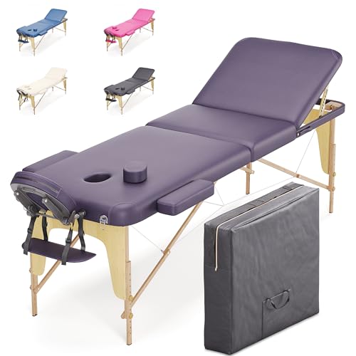Beltom® Mobile Massagetisch Massageliege 3 zonen 180 x 56 cm. - Licht 13,3 kg mit Zubehör 14,5 kg - massagebed massageleuning Massagebank 3 Zones klappbar Kosmetikliege +TA. - Lila von Beltom