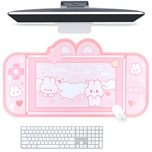 BelugaDesign Bunny Desk Pad | NS Switch-Tastatur-Gaming-Matte | Pastellrosa Kawaii-Anime-Schreibtischunterlage | Rosa Hasen-Schreibtischunterlage für Gaming, süße Schreibtischeinrichtung (groß) von BelugaDesign