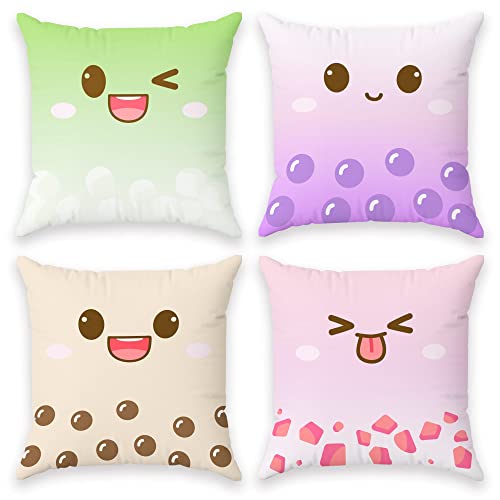 BelugaDesign Cute Thorw Pillow Cushion Cases | 4er-Pack Boba Bubble Tea Anime Cartoon Chibi Gesichter | Kawaii Dekoratives Wohnzimmer-Dekor-Set | Weiche Plüsch-Dekokissen (18 x 18, 4 Mehrfarbig) von BelugaDesign