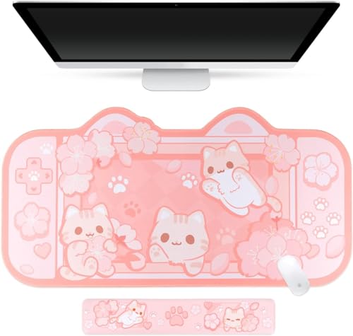 BelugaDesign Sakura Cat Desk Pad | NS Switch-Tastatur, Laptop, Gaming-Setup, Zubehörmatte | Pastellrosa Häschen, Kawaii, süße Anime-Schreibtischunterlage, Schreibunterlage mit Gel-Handgelenkstütze von BelugaDesign