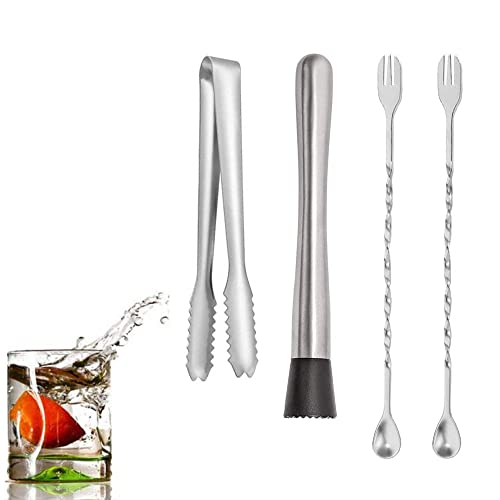 Belvanr Edelstahl Cocktail-Stößel 4 Stück Mixer-Stößel aus Edelstahl Stößel Muddler Cocktaillöffel Cocktail Rührlöffel Rührlöffel mit Stampfer Edelstahl Eiscrusher,mit Eisclip aus Edelstahl von Belvanr