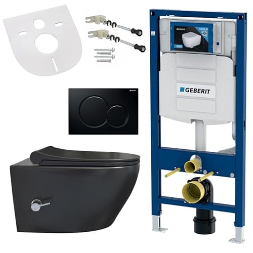 Belvit Hänge WC Komplett Set mit Bidet Funktion, Wand Toilette Schwarz mit Taharet und UP320 Vorwandelement, spülrandlose Keramik, WC Sitz mit Softclose Deckel & Betätigungsplatte Schwarz von Belvit
