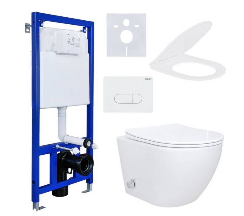 Belvit Tiefspül-WC mit Bidet, Warm‑Kaltwasserarmatur, Soft‑Close Sitz & Vorwandelement, höhenverstellbar, wandhängend, Betätigungsplatte, Unterputz-Spülkasten mit Zwei-Mengen-Technik 3/6L von Belvit