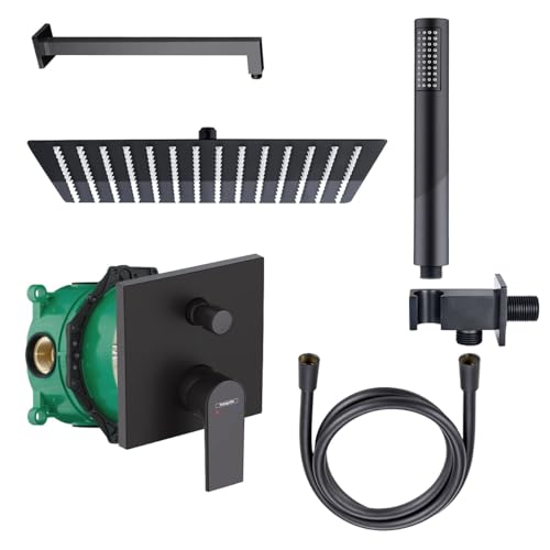 Belvit® Duschset Schwarz mit Hansgrohe Wannenmischer Unterputz, iBox, 30x30 Regendusche, Handbrause, Brausearm, Schlauch & Wandanschluss – Komplettset modern & kalkfrei von Belvit
