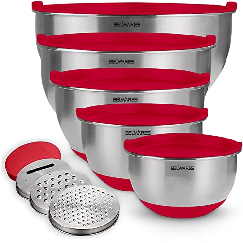 Belwares Rührschüsseln mit Deckel Set - Nistschalen mit luftdichten Deckeln + Reiben - Edelstahl rutschfeste Rührschüssel zum Backen, Aufbewahren von Lebensmitteln und Zubereiten (Rot, 5-teiliges Set) von Belwares
