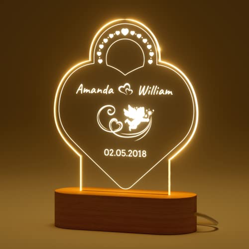 Bemaystar Personalisierte Herz Lampe mit Gravur - LED Herz Nachtlicht mit mit Namen und Datum und Mehreren Lichtern, Valentinstag, Jahrestag, Romantische Geschenke für Frauen von Bemaystar