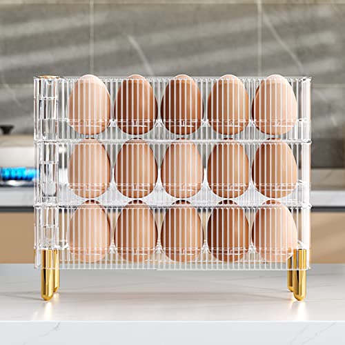 Bemodst Eierbehälter für Kühlschrank, Vergoldeter Hoher Bügel Küchenfrischhaltebox, Eieraufbewahrungsdisplay für 30 Eier, Sturzfeste und Temperaturbeständige Eierablage (Transparent) von Bemodst