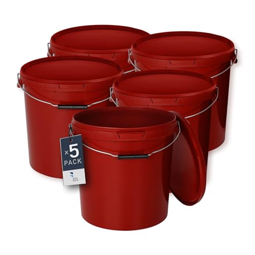 BenBow Eimer mit Deckel 20l rot 5X 20 Liter - lebensmittelecht, stabil, luftdicht, auslaufsicher, geruchsneutral - Aufbewahrungsbehälter aus Kunststoff, mit Henkel - leer von BenBow