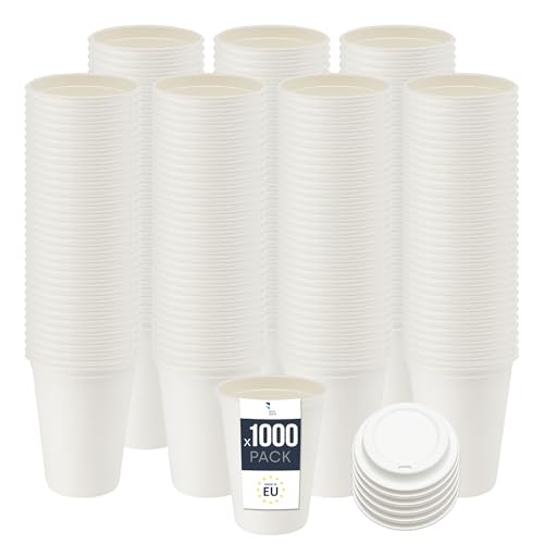 BenBow Einwegbecher aus Zuckerrohr mit Deckel, Weiß, 300 ml x 1000 - Hochwertige Becher, Besser als Pappbecher, Umweltfreundlich, Recycelbar, für Heiße und Kalte Getränke, Ideal für Partys oder Kaffee von BenBow