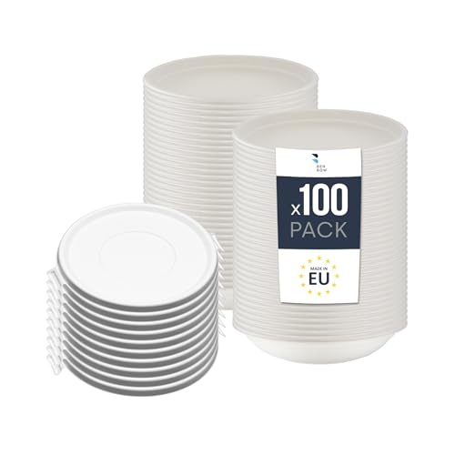 BenBow Einwegschale aus Bagasse mit Deckel 100 x 1000ml, einweg suppenschalen, suppenteller, einwegschalen, Biologisch Abbaubar, Hitzebeständig bis 95°C, Ideal für Catering von BenBow