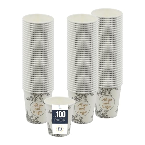 BenBow Kaffeebecher 180 ml x 100, Pappbecher zum Mitnehmen, Einwegbecher für Unterwegs, All You Need Is Coffee, Kaffee Becher für Büro und Kaffeemaschinen, Robust und Praktisch von BenBow