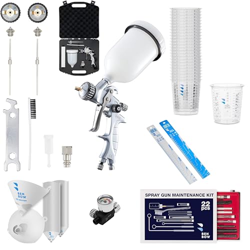 BenBow Lackierpistole Set PK60 HVLP 1,4 mm + 1,8 mm Düse + 600 ml Lackbehälter + Koffer + Druckminderer 9,6 BAR + Großer Satz Lackier-Zubehör von BenBow