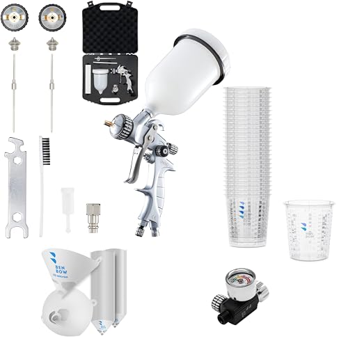 BenBow Lackierpistole Set PK60 HVLP 1,4 mm + 1,8 mm Düse + 600 ml Lackbehälter + Koffer + Druckminderer 9,6 BAR + Lacksieb 190µ x 50 Stück + Profi-Messbecher 25x 680ml von BenBow