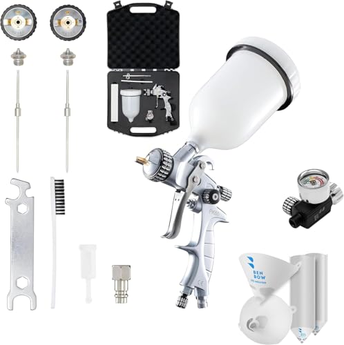 BenBow Lackierpistole Set PK60 HVLP 1,4 mm + 1,8 mm Düse + 600 ml Lackbehälter + Koffer + Druckminderer 9,6 BAR + Lacksieb 190µ x 50 Stück– ideal für Autolackierung Industrielacke von BenBow