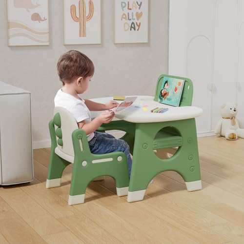 BenaRita Kindertisch und Stuhlset mit löschbarer Kreidetafel, Aquarellstiften, multifunktionaler Kinder-Aktivitäts- und Lerntisch aus Kunststoff für Kleinkinder(Grün) von BenaRita