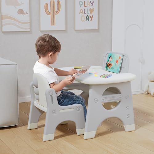 BenaRita Kindertisch und Stuhlset mit löschbarer Kreidetafel, Aquarellstiften, multifunktionaler Kinder-Aktivitäts- und Lerntisch aus Kunststoff für Kleinkinder (Grau) von BenaRita