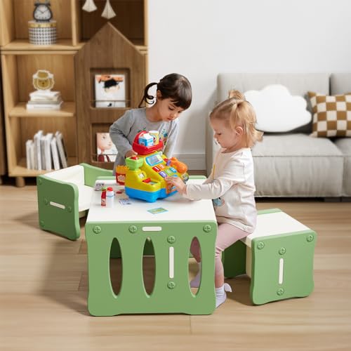 BenaRita Kleinkind Tisch und Stuhl Set, multifunktionaler Aktivitäts und Lerntisch für Kinder aus Kunststoff mit 2 Hockern, Kinderschreibtisch und Stühlen für Vorschulkinder (Grau Grün) von BenaRita