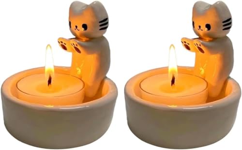 Benares 2 Stück Katzen Kerzenhalter - Cartoon-Kätzchen-Kerzenhalter | Warming Paws Katzen Teelichthalter Ornamente | Kätzchen Teelicht Kerzenhalter Deko Katzengeschenke Für Katzenliebhaber von Benares