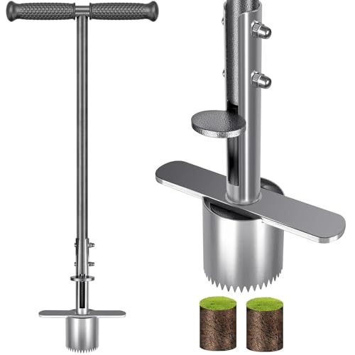 BeneLabel Zwiebelpflanzer, 80cm Blumenzwiebel Pflanzwerkzeug Langstiel Garten Rasen Werkzeug Tiefe 8cm Rasenstopfer Scharfe Verzahnung mit Auslöseautomatik für Zwiebeln Blume Einpflanzen, Silber von BeneLabel