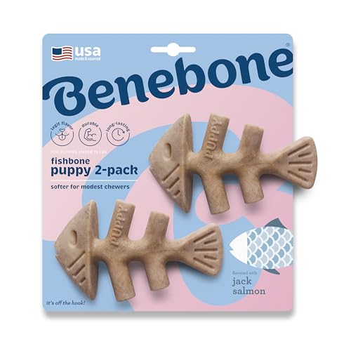 Benebone Welpen 2er-Pack Fishbone-Kauspielzeug, weicher für sanfte Kauer, echter Jack-Lachs von Benebone