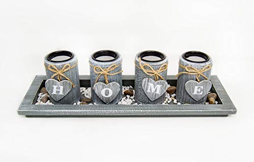 Benera Teelicht Schale Home Set Kerzenhalter mit 4 Teelichtern Tischdeko Wohnzimmer Deko Teelichthalter Teller Grau 38 cm von Benera