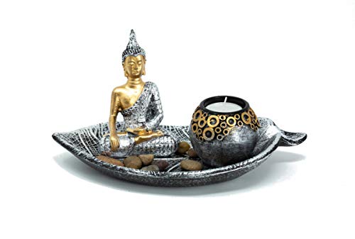 Buddha Set mit Blattschale Teelichthalter Dekofigur inklusive Deko-Steinen zur Meditation von Benera