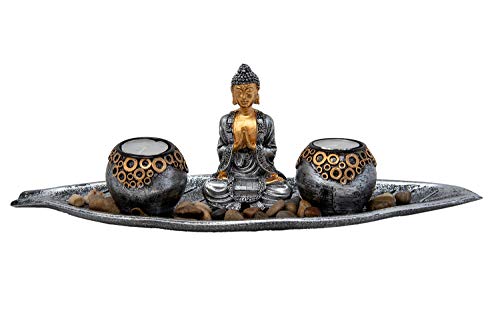 Teelichthalter Buddha Figur mit 2 Teelichtern Kerzenhalter Tischdeko Wohnzimmer Dekoration 40 cm von Benera