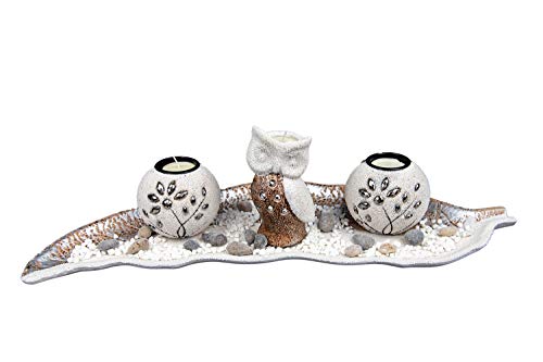 Teelichthalter Eule Große Schale mit 2 Teelichtern Set Kerzenhalter Tischdeko Wohnzimmer Dekoration 51 cm Weiß von Benera