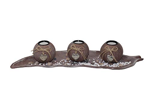 Teelichthalter Große Schale mit 3 Teelichtern Set Kerzenhalter Tischdeko Wohnzimmer Dekoration 51 cm Braun von Benera