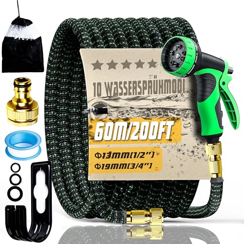 Flexibler gartenschlauch 30/45/60m dehnbarer Wasserschlauch Flexibe Schlauch, mit 10 Modi Wassersprühpistole und 3-lagigem Latexkern für Gartenbewässerung Autowäsche (60m/200FT) von Benessit