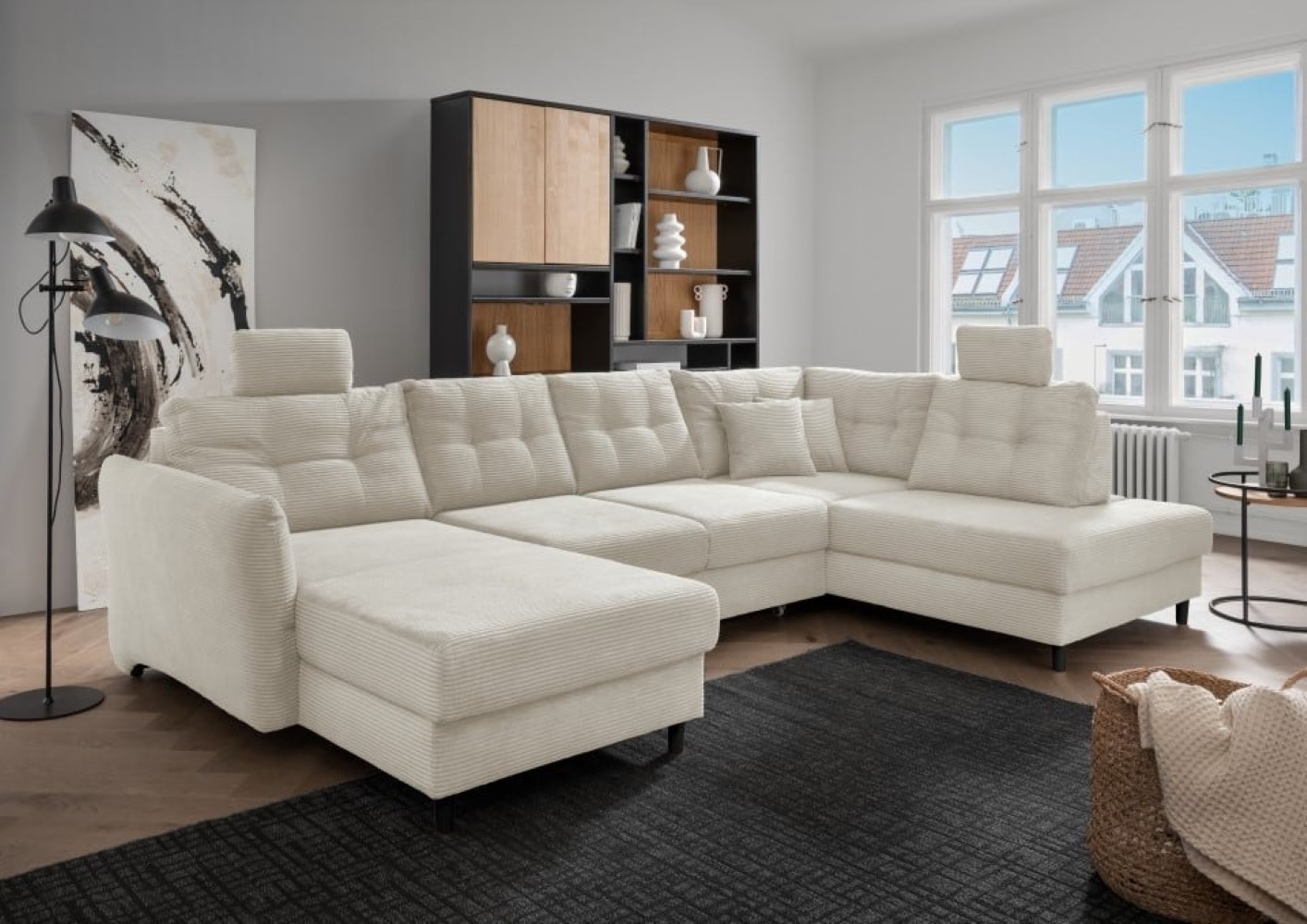 Brizzini Wohnlandschaft von Benformato wählbar in der Farbe Beige & Aqua: Vielseitiges Komfort-Sofa mit Schlaffunktion, verstellbaren Armlehnen und Stauraum Brizzini Wohnlandschaft von Benformato wählbar in der Farbe Beige & Aqua: Vielseitiges Komfort-Sofa mit Schlaffunktion, verstellbaren Armlehnen und Stauraum von Benformato
