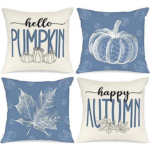 Benjia 4 Stück Kissenbezug Herbst Kissenhülle 40x40 cm, Ahornblatt Kürbis Herbst Kissen Dekorative Herbstkissen für Thanksgiving Halloween Bettwäsche Sofa Decorations Blau 40 x 40 cm von Benjia