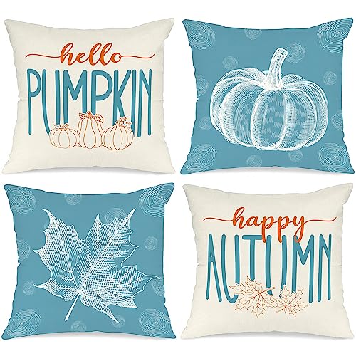 Benjia 4 Stück Kissenbezug Herbst Kissenhülle 40x40 cm, Ahornblatt Kürbis Herbst Kissen Dekorative Herbstkissen für Thanksgiving Halloween Bettwäsche Sofa Decorations Blaugrün 40 x 40 cm von Benjia