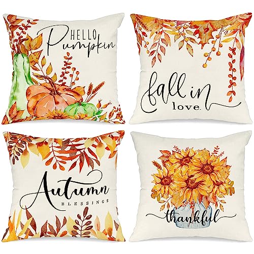 Benjia 4 Stück Kissenbezug Herbst Kissenhülle 40x40 cm, Kürbis Sonnenblumen Zweige Herbst Kissen Dekorative Herbstkissen für Thanksgiving Halloween Bettwäsche Sofa Decorations Orange 40 x 40 cm von Benjia