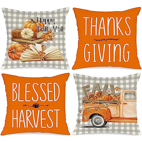 Benjia 4 Stück Kissenbezug Herbst Kissenhülle 40x40 cm, Kürbis Truck Herbst Kissen Dekorative Herbstkissen für Thanksgiving Halloween Bettwäsche Sofa Decorations Orange 40 x 40 cm von Benjia