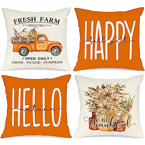 Benjia 4 Stück Kissenbezug Herbst Kissenhülle 40x40 cm, Kürbis Truck Vase Herbst Kissen Dekorative Herbstkissen für Thanksgiving Halloween Bettwäsche Sofa Decorations Orange 40 x 40 cm von Benjia